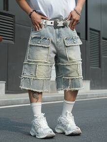 Manfinity EMRG Men's Street Style Casual Multi-Pocket Patchwork Raw Hem Blue Plus Size Cargo Denim Shorts - Light Wash - View 3