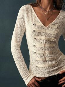 Bohemela 女款刺繡鈕扣設計V領長袖上衣 - 白色 - 查看 2