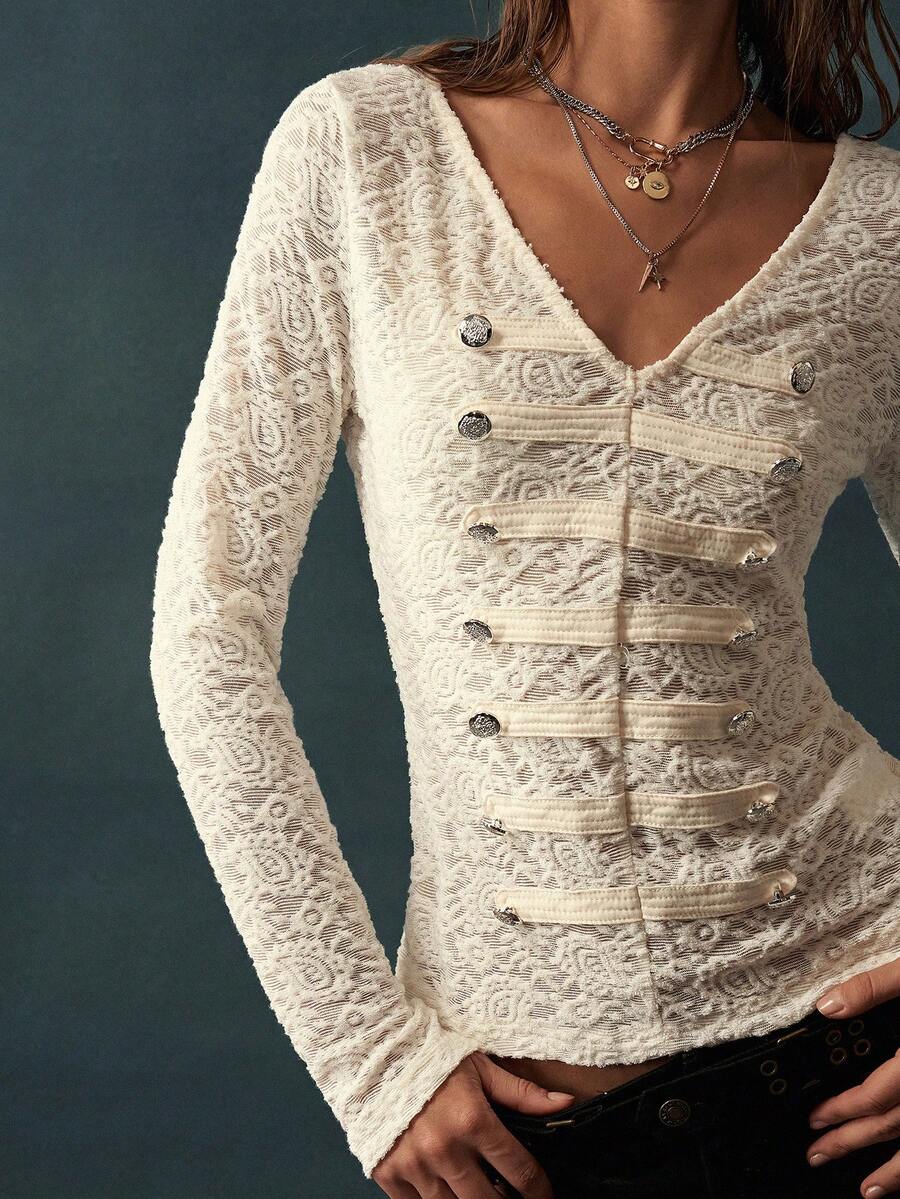 Bohemela Women's Embroidered Button Design V-Neck Long Sleeve Top - White - View 1
