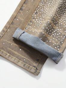ROMWE MEN Men's Rhinestone Distressed Casual Denim Jeans - Ginger - View 6