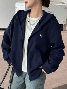 SHEIN 青少年女孩藍色可翻面抓絨刺繡馬匹休閒寬鬆冬季夾克，簡約學院風休閒夾克 - 藏蓝色 - 查看 1