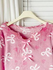 SHEIN 青少年女孩 V 領長袖秋季上衣與長褲睡衣套裝 - 淺粉色 - 查看 5