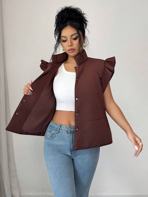 Elenzga Chaleco acolchado sin mangas con cuello alto y ribete de volantes para mujer, chaleco corto ligero acolchado de un solo pecho, prenda de abrigo casual para otoño/invierno