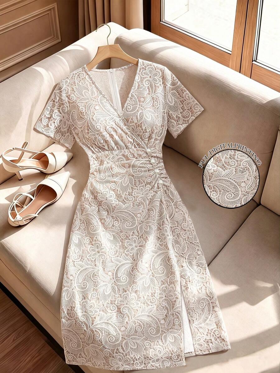 GlowEve CURVE 大尺碼梭織優雅圓點夏季女裝洋裝 - 杏色 - 查看 1