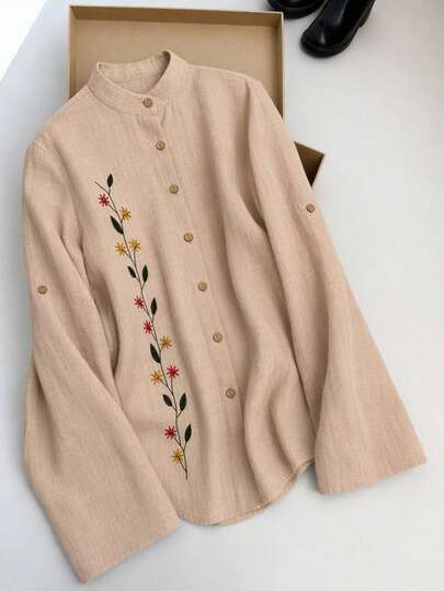 Lacomfia Plus Size Women's Stand Collar Casual Long Sleeve Embroidered Shirt,