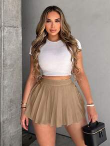 Zolique Women's Fashion Solid Color Short Pleated Skorts - Khaki - View 5