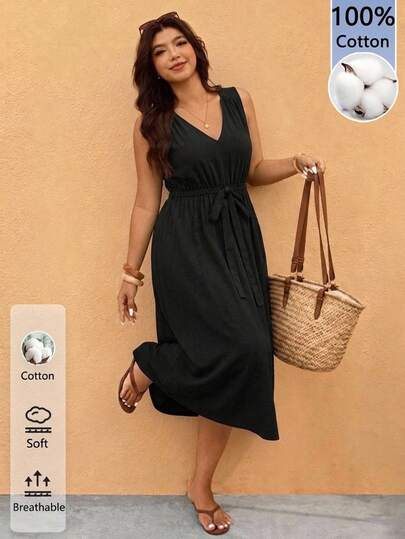 Melodosi Casual Black Textured Fabric Short Sleeve Plus Size Dress, Suitable For Summer, Party, Date