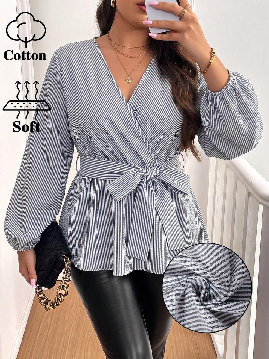 Vionelle Plus Size Traceable Cotton Fabric Bubble Textured Striped V-Neck Cinched Waist Flared Long Sleeve Women's Blouse Fall - Navy Blue - View 1