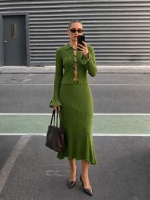 CLARA VERO Khaki Button Front Fluted Sleeve Knit Midi Set, Fitted, Ideal For Modern - Khaki - View 9