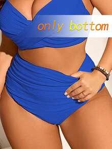 Swim Chiccia Bikini de talla grande para mujer con tela acanalada, unicolor, fruncido y control de abdomen, adecuado para uso diario y de vacaciones en verano - Azul - Ver 6