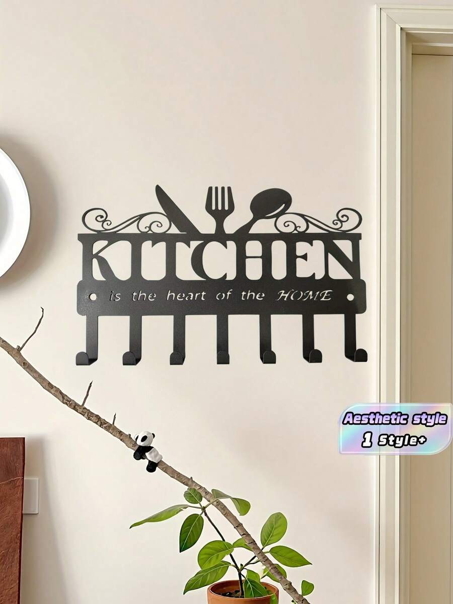 1 Buah Gantungan Rak Penyimpanan Dapur Logam Hitam, Gantungan Tanda Dapur yang Dipasang di Dinding, Gantungan Handuk Dekoratif untuk Restoran, Gantungan Kunci Hemat Ruang Tahan Karat dan Tahan Lama, Mudah Dipasang untuk Dekorasi Dinding Dapur, Ruang Makan, Kafe, Hotel, Perlengkapan Rumah Tangga - Hitam - View 1