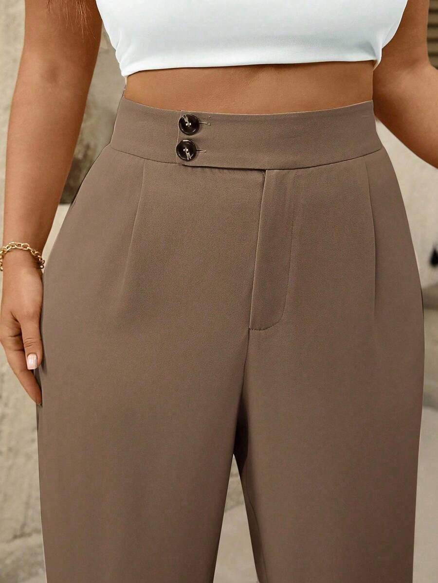 SHEIN Tall Plus Size Women High Waist Pleated Wide Leg Casual Pants Fall - Camel - View 1