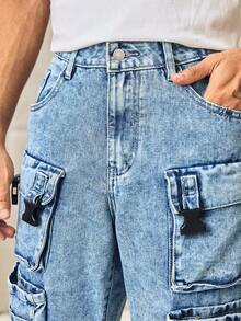 Norleigh Men's Distressed Light Blue Denim Cargo Shorts, Streetwear Loose Fit Jorts Tropical Street Hang Out Work - Light Wash - View 5