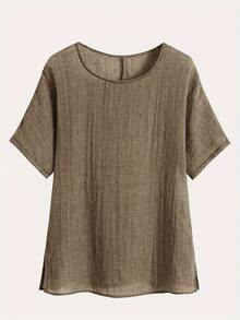EMERY ROSE Summer Solid Short Sleeve Round Neck Blouse - Brown - View 3