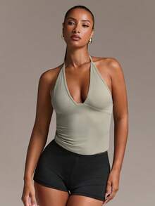 SHEIN BAE Autumn/Winter Grey-Green Halter Tie-Up Tank Top, Simple Casual,Y2K Tops,Sexy Tops,Basic Tops,Green Top,Gym Clothes - Olive Green - View 5