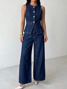 SHEIN PETITE Women's Fashion Button-Up Top And Loose Wide-Leg Jeans Set - Blue - View 4