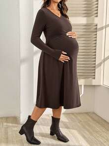 SHEIN Maternity Solid Color V-Neck Short Sleeve Nursing Dress - Brown - View 1