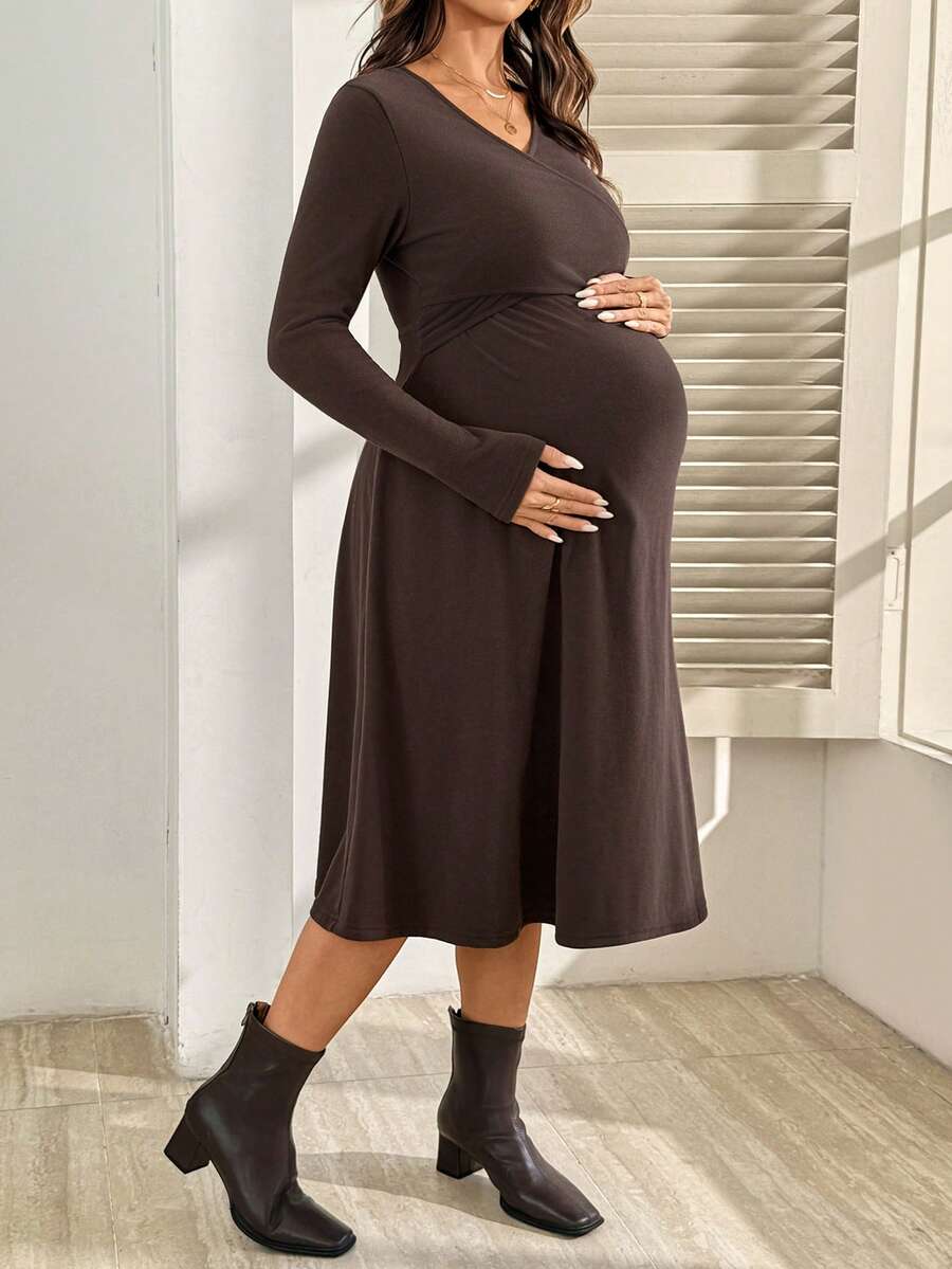 SHEIN Maternity Solid Color V-Neck Short Sleeve Nursing Dress - Brown - View 1