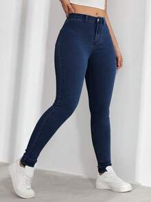 SHEIN ICON 大尺碼女款休閒舒適淺藍色彈性牛仔褲 - 深色水洗藍 - 查看 6