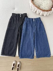 SHEIN LMoss Kids Young Girl 2件組粉色與白色牛仔寬鬆長褲女童款 - 彩色 - 查看 6