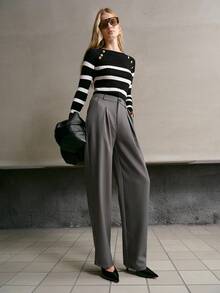 MOTF PREMIUM WOMEN'S STRIPED BUTTON DECOR CABLE KNIT SWEATER - Black and White - View 9