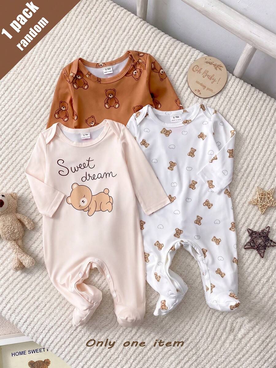 SHEIN Playful Pals 【1件隨機發送】春夏針織圓領長袖連身褲附腳套,可愛熊卡通圖案數位印花設計,獨特花紋,休閒百搭時尚居家服,最佳選擇 - 彩色 - 查看 1