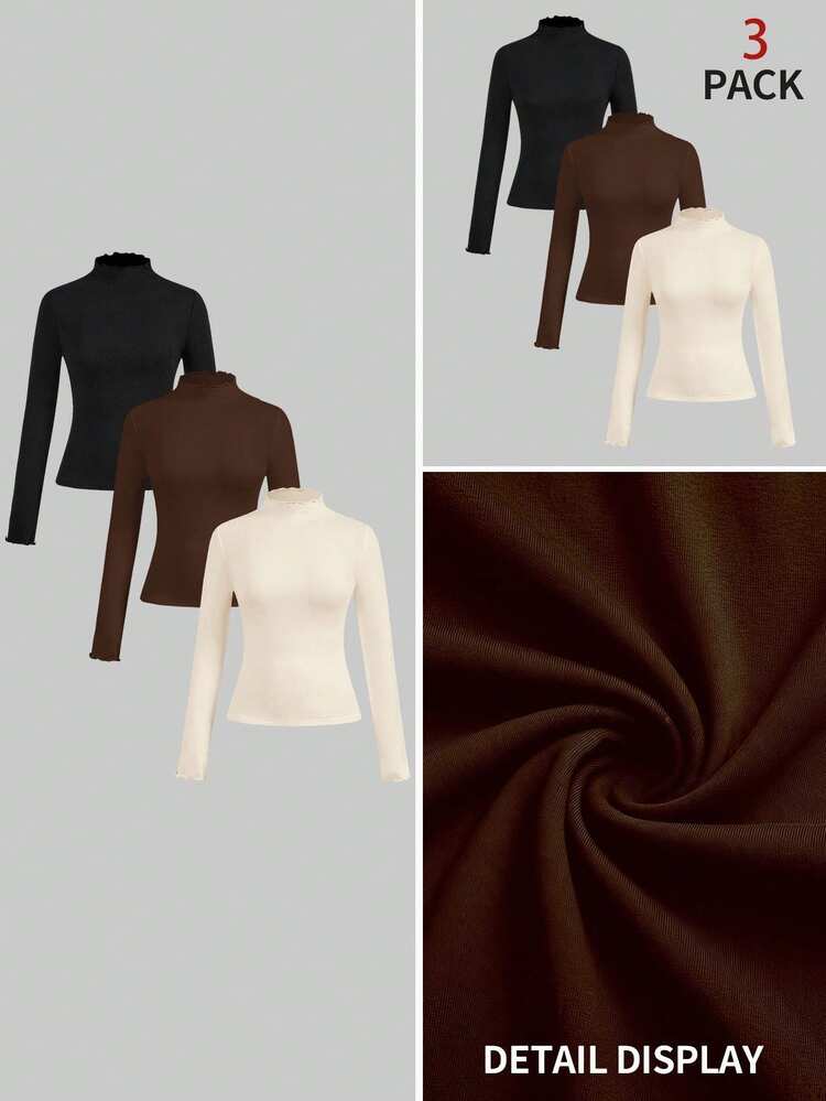 SHEIN EZwear 3pcs/Set Casual Solid Color Versatile Layering Turtleneck Long Sleeve T-Shirt, Suitable For Autumn/Winter Fall - Multicolor - View 1