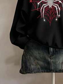 SHEIN EZwear 女款灰色寬鬆半拉鍊高領薄款套頭衛衣，胸前水鑽蜘蛛印花與花朵設計，加厚材質，適合秋冬穿著 - 黑色 - 查看 5