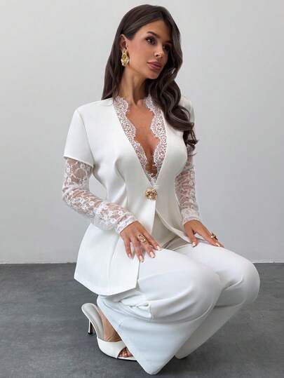 Firerie Women's Elegant Autumn/Winter Exquisite Romantic Old Money Formal Occasion Streetwear Versatile Commute Lace Patchwork Sheer V-Neck Metal Decor Sheer Long Sleeve White Waist-Cinching Blazer Jacket