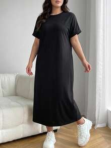 Dazy Plus Solid Color Casual Loose Long Black Versatile Knit Dress - Black - View 5