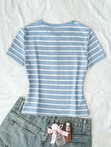 SHEIN Tween Girl Striped Pattern Short Sleeve Slim Fit Crew Neck Button T-Shirt - Baby Blue - View 2