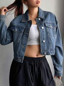 Dazy Plus Vintage Washed Western Cowboy Loose Long Sleeve Turn Collar Denim Jacket Coat Spring Autumn - Medium Wash - View 9