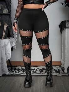 Whyspr Grunge Punk Darkwear Party Plus Size Punk Style Mesh Patchwork Grommet Leggings - Black - View 5