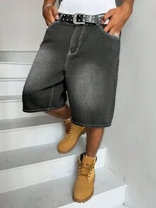 Manfinity Hypemode Shorts de Mezclilla Unisex con Diseño de Bolsa en Bolsa Estilo Hip-Hop Americano - Gris - Ver 3