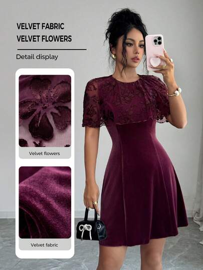 Modelyn Jacquard Velvet Patchwork Round Neck Cinched Waist Cape Dress
