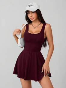 SHEIN PETITE 女款無袖下擺口袋短褲黑色連身褲 - 中紫紅色 - 查看 8