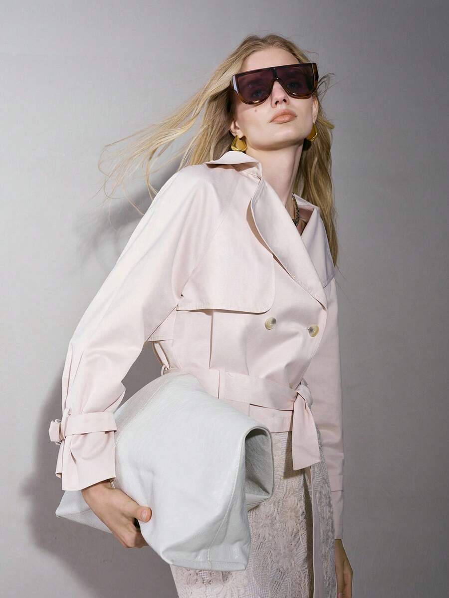 MOTF PREMIUM SPRING/AUTUMN MINIMALIST FRENCH ELEGANT COMMUTER OFFICE CRISP FABRIC LAPEL DOUBLE-BREASTED CINCHED WAIST TIE SOFT PINK WOMEN'S LONG SLEEVE TRENCH COAT - Khaki - View 1