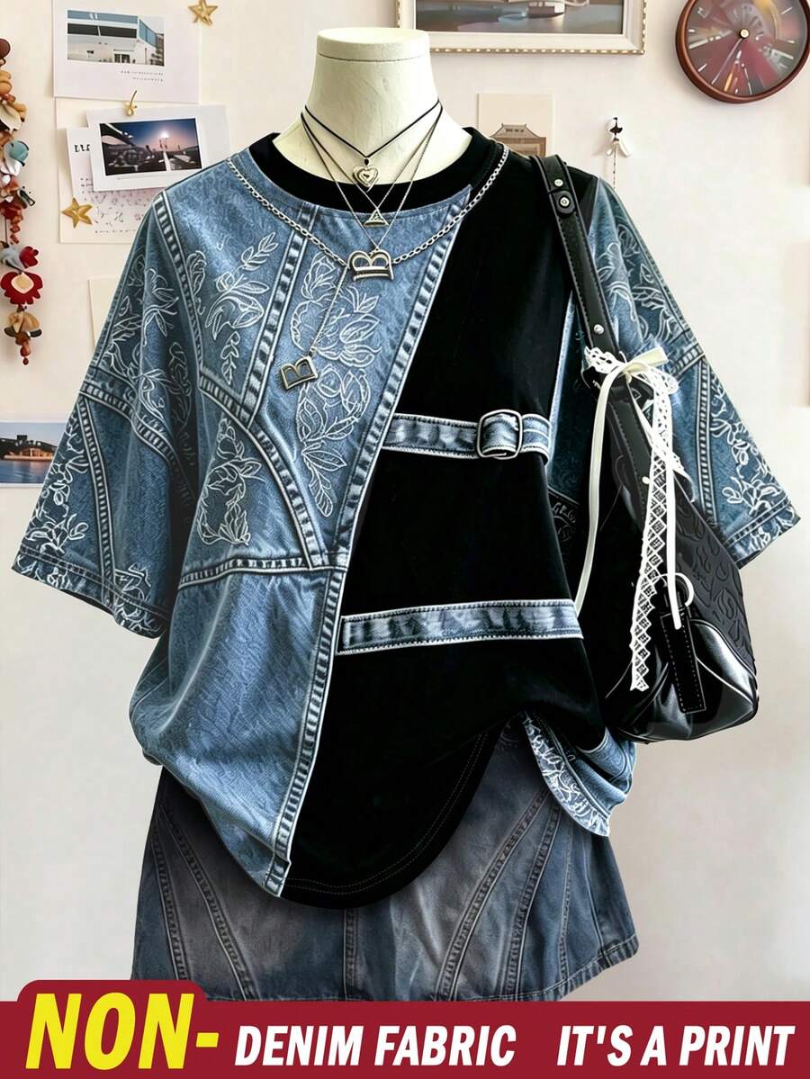 Lalippa 女款拼接牛仔效果印花圓領短袖休閒寬鬆上衣 - 彩色 - 查看 1