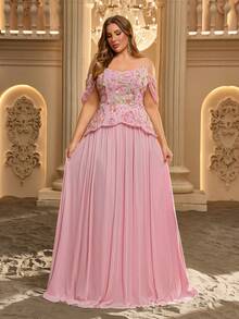 Glamrae Plus Size Elegant Pink Glossy Mesh Asymmetrical Sleeve Cinched Waist Ruched Sheer A-Line Skirt Suitable For Date Single Party Wedding Event - Burgundy - View 2