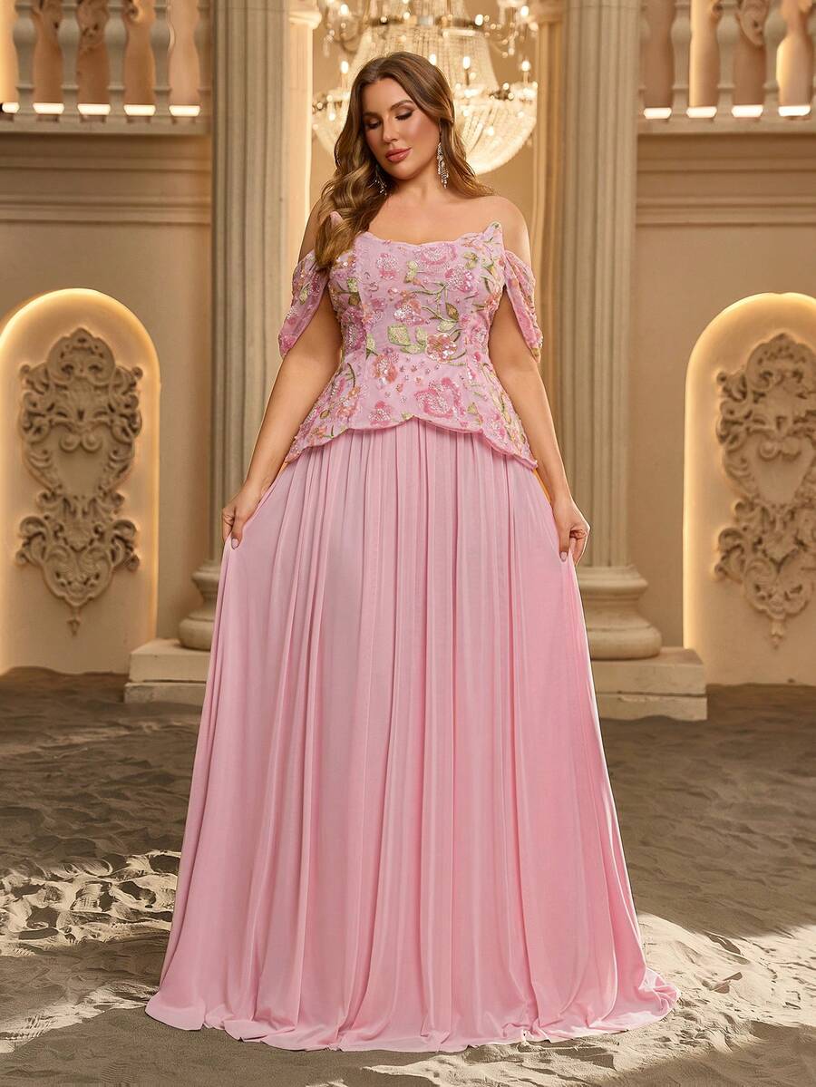 Glamrae Plus Size Elegant Pink Glossy Mesh Asymmetrical Sleeve Cinched Waist Ruched Sheer A-Line Skirt Suitable For Date Single Party Wedding Event