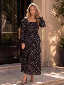 KARISMINA Women's Polka Dot Square Neck Multi-Layer Ruffle Hem Elegant Long Dress,Polka Dot Tiered Maxi Dress, Tiered / Layered,Vacation,Wedding Guest - Black - View 9