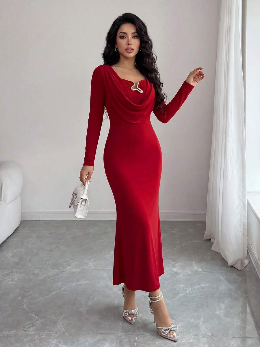 Modelyn 女式纯色垂坠领长袖修身优雅连衣裙 - 酒紅色 - 查看 1