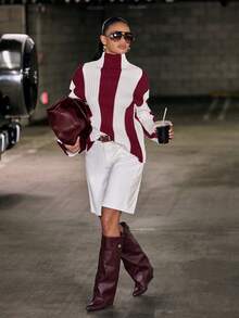 Hauture Atasan Rajut Bergaris Vertikal Blok Warna Burgundy dan Putih untuk Wanita dengan Kerah Tegak - Krem - View 2