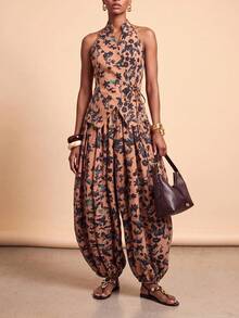 Zivah New Women's Elegant Brown Floral Print Halter Top + Lantern Pants Set, Palace Style Vintage Romantic Bohemian Holiday Loose Commute Vacation Autumn Outfit New Chinese New Year Party Set - Multicolor - View 6