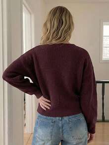 Dazy Plus Brown Casual Asymmetric Placket Lace-Up Design Fun Commute Autumn/Winter Pullover Sweater - Brown - View 8
