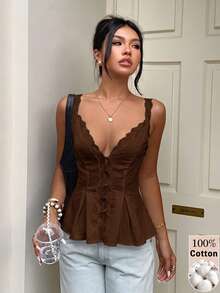 Aloruh 女款優雅休閒通勤上衣 蕾絲飾邊拼接純色無袖襯衫 夏季 - 棕色 - 查看 6