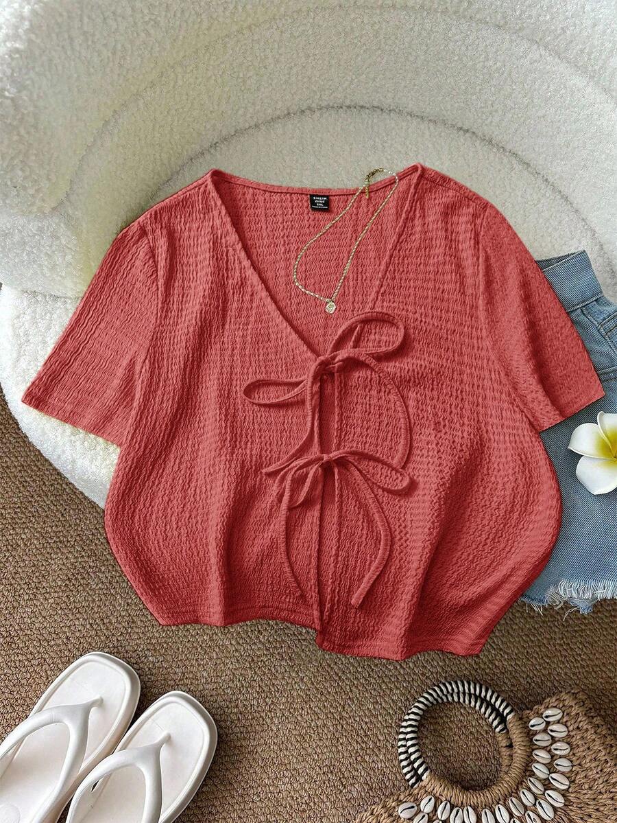 SHEIN LUNE 大尺碼女款夏季休閒純色綁帶上衣 - 紅木色 - 查看 1