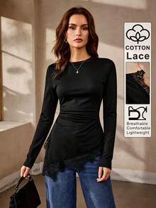 Selianne Cotton Black Lace Patchwork Asymmetrical T-Shirt, Slim Fit, Side Ruched, Round Neck, Long Sleeve, Minimalist Casual Elegant Autumn Night Out - Black - View 7