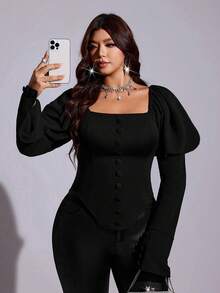 Viva Relle Plus Size Women's Elegant Blouse With Puff Sleeves, Button Decor And Asymmetrical Hem - Black - View 3