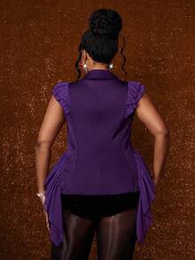 Maweii Blusa Feminina Plus Size Vintage Francesa Sem Mangas com Cintura Marcada, Patchwork, Chiffon, Babados e Cor Sólida - Roxo - Visão 2